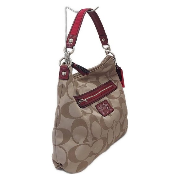 Auth COACH Daisy Poppy Signature Hobo F20064 Khaki Red Jacquard Patent Leather - Picture 12 of 12
